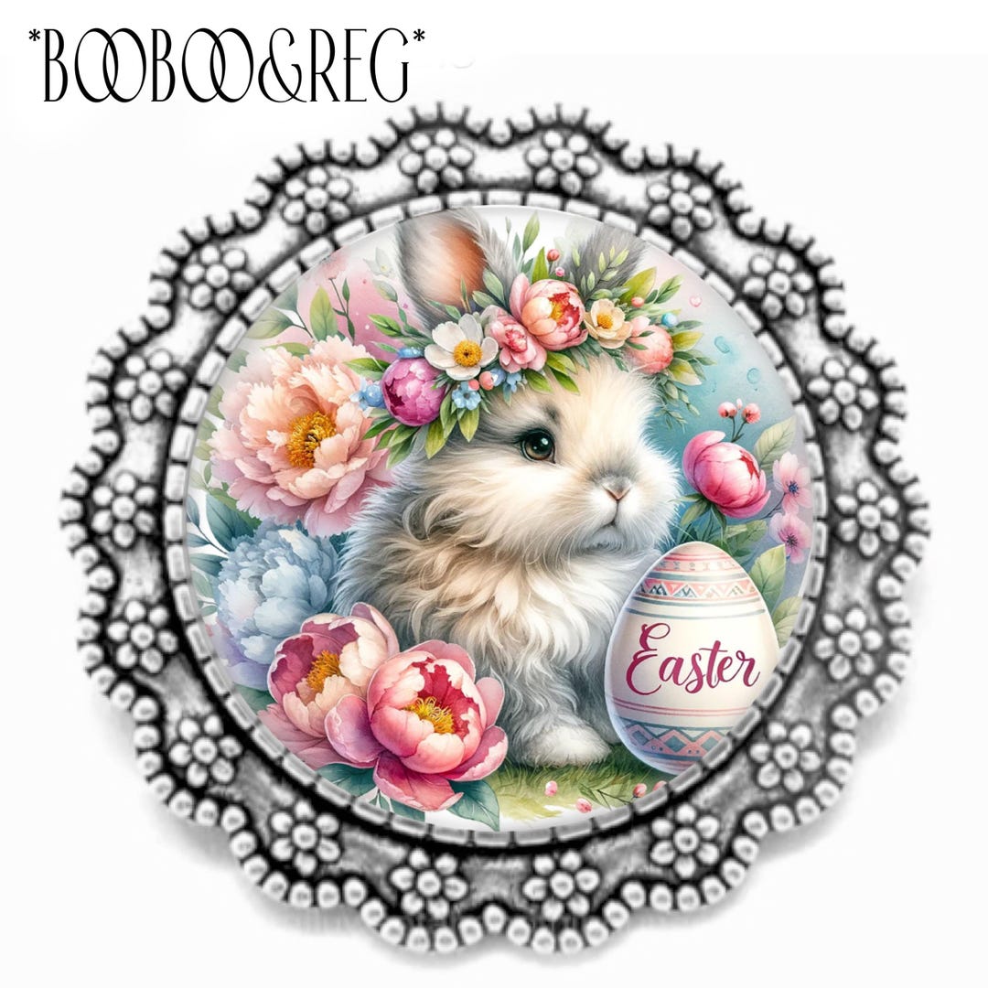 Pineaster Easter Bunny BROOCH: Silver Lapel Pin, Pastel Spring Floral, White ...