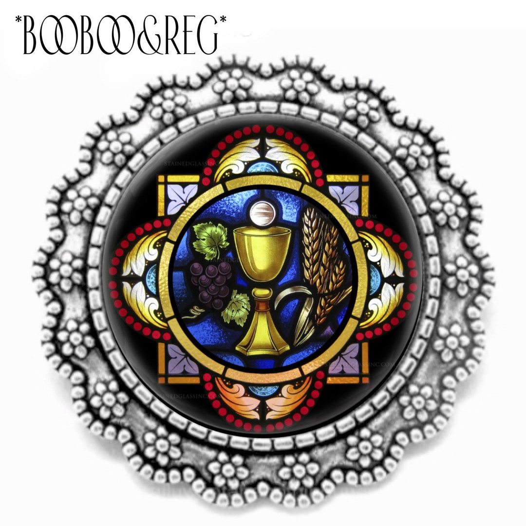 First Communion Brooch First Holy Communion BROOCH Faux Stained Glass Chalice Silver Lapel Pin ...