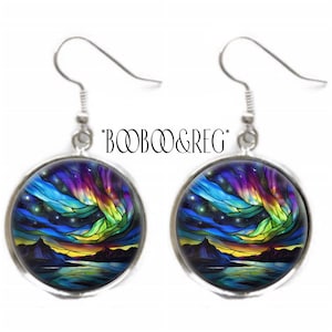 Aurora Borealis Earrings: Northern Lights, Faux Stained Glass Art Print Earrings, Lightweight Silver Charm Dangle Earrings, Star Gazer Gift