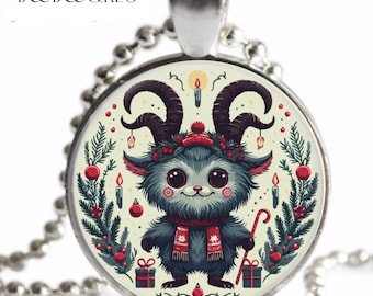 Krampus Christmas NECKLACE: Cute Gothic Christmas Monster Art Print, Silver Charm Pendant, Handmade Holiday Gift, Funny Stocking Stuffer