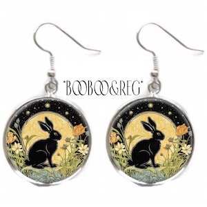 Rabbit Earrings: Full Moon Vintage Art Nouveau Print Earrings, Silver Charm Dangle Earrings, Handcrafted Bunny Jewelry, Animal Lover Gift