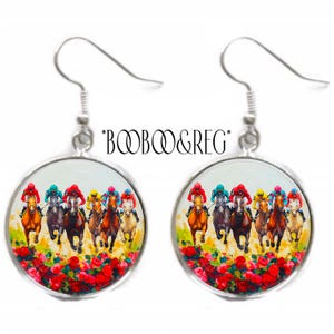 Kentucky Derby Earrings: Run For the Roses Vintage Art Print, Lightweight Silver Charm Dangle Earrings, Handcrafted Horse Racing Jewelry