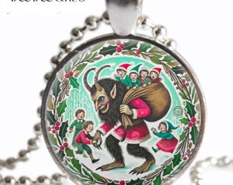 Krampus NECKLACE: Vintage German Folklore Gothic Christmas Monster Art Print, Silver Charm Pendant, Handmade Holiday Gift, Stocking Stuffer