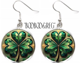 Irish Clover Earrings St Patricks Day Gift FAUX Stained Glass Earrings Celtic Shamrock Earrings Lightweight Silver Charm Dangle Earrings