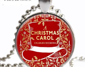 A Christmas Carol NECKLACE: Vintage Victorian Book Cover Art Print, Silver Charm Pendant, Handmade Jewelry, Holiday Gift, Stocking Stuffer