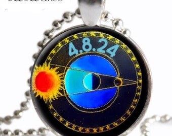 Total Solar Eclipse Souvenir Necklace April 8 2024 Glicee Art Print Silver Charm Pendant Handmade Sun Moon Jewelry Total Solar Eclipse Gift