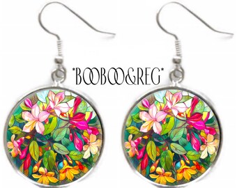 Honeysuckle Earrings: Faux Stained Glass Art Print Earrings, Lightweight Silver Charm Dangle Earrings, June Birth Flower, June Birthday Gift