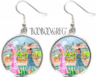Kentucky Derby Earrings: Watercolor Art Print Earrings, Lightweight Silver Charm Dangle Earrings, Handcrafted Horse Racing Jewelry