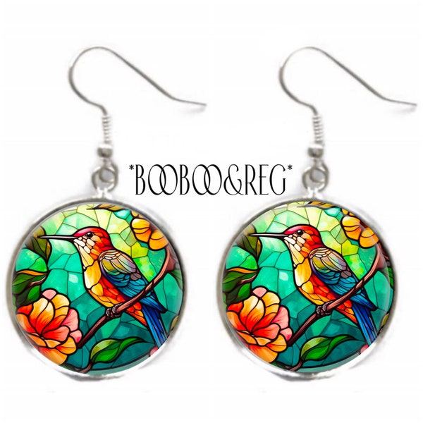 Hummingbird Earrings FAUX Stained Glass Earrings Bird Lover Gift for Mom Lightweight Silver Charm Dangle Earrings Bird Jewelry