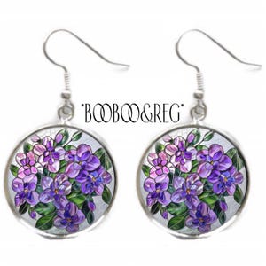 Violet Earrings February Birth Month Flower FAUX Stained Glass Art Print Silver Charm Dangle Drop Earrings February Birthday Gift for Her