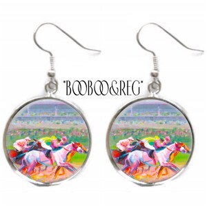 Kentucky Derby Art Print Earrings: Equestrian Horse Race Earrings, Lightweight Silver Charm Dangle Earrings, Handcrafted Horse Jewelry