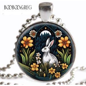 White Rabbit Necklace Vintage Art Nouveau Botanical Art Print Silver Charm Pendant Necklace Handmade Jewelry Animal Lover Gift for Her
