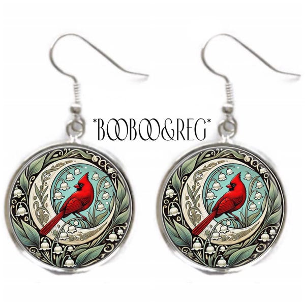 Art Nouveau Cardinal Bird Earrings: Vintage William Morris Style Art Print Earrings, Lightweight Silver Charm Dangle Earrings, Gift for Mom