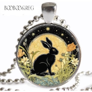 Art Nouveau Full Moon RABBIT Necklace Vintage William Morris Botanical Art Print Silver Charm Pendant Handmade Jewelry Animal Lover Gift