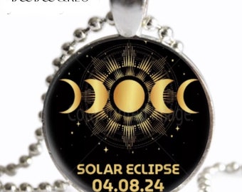 Total Solar Eclipse Souvenir Necklace April 8 2024 Glicee Art Print Silver Charm Pendant Handmade Sun Moon Jewelry Total Solar Eclipse Gift