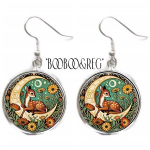 Art Nouveau Deer Earrings: Crescent Moon Art Print Earrings, Lightweight Silver Charm Dangle Earrings, Handcrafted Animal Lover Gift, Fall