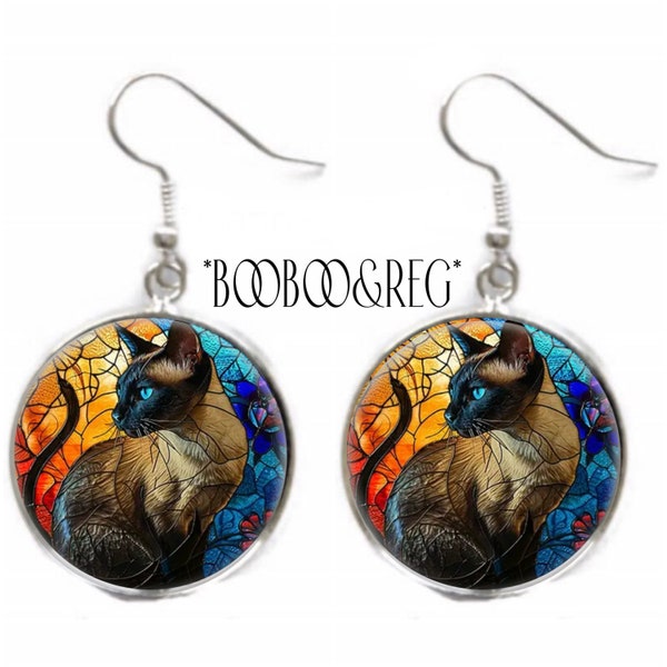 Siamese CAT Earrings FAUX Stained Glass Art Nouveau Cat Mom Birthday Gift  Lightweight Silver Charm Dangle Drop Earrings Gift from Cat