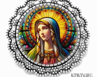 Virgin Mary Holy Mother BROOCH Christian Religious Gift Faux Stained Glass Art Silver Lapel Pin Catholic Sacrament Gift for Her Daughter