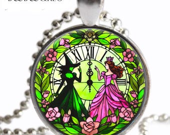 Wicked Necklace Best Friends Elphaba Glinda Witch  Pink Green Faux Stained Glass Art Print Silver Charm Pendant Necklace Handmade Gift