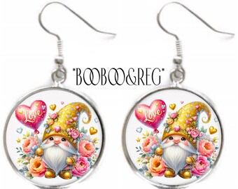 Valentine GNOME Earrings Watercolor Art Print EARRINGS Lightweight Silver Charm Dangle Earrings Gnome Jewelry Valentines Day Gift for Her