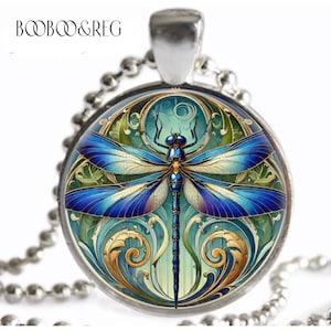 Art Nouveau Blue Dragonfly NECKLACE William Morris Style Vintage Art Print Birthday Gift for Her Silver Charm Dragonfly Pendant Necklace