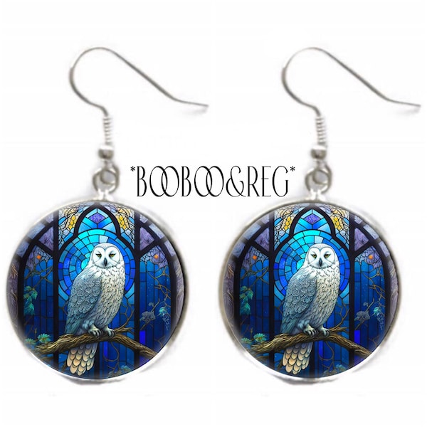 Art Nouveau OWL Earrings FAUX Stained Glass Art Print Earrings Bird Lover Gift Lightweight Silver Charm Dangle Earrings Gothic Bird Jewelry