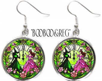 Wicked EARRINGS: Best Friends Elphaba Glinda, Pink Green Witch, Faux Stained Glass Art Print Earrings, Lightweight Silver Charm Dangle