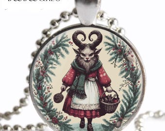 Mrs Krampus NECKLACE: Christmas Folklore Vintage Gothic Art Print, Silver Charm Pendant, Handmade Holiday Gift, Stocking Stuffer