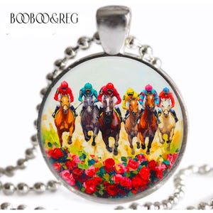 Kentucky Derby Necklace: Vintage Run for the Roses Art Print Necklace, Silver Charm Pendant Necklace, Handcrafted Horse Racing Jewelry