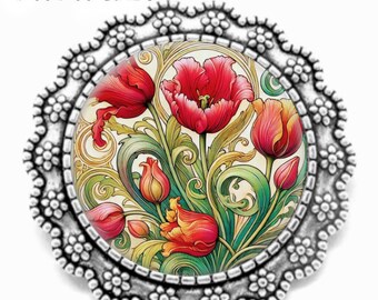 Art Nouveau Tulip Flowers BROOCH Vintage William Morris Botanical Floral Art Print Silver Lapel Pin Handmade Jewelry Birthday Gift for Her