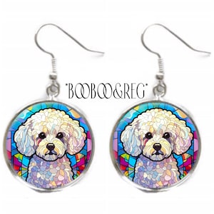 Bichon Frise Earrings: Faux Stained Glass Art Print,  Silver , Charm Dangle Earrings, Dog Mom Gift, Dog Lover Gift