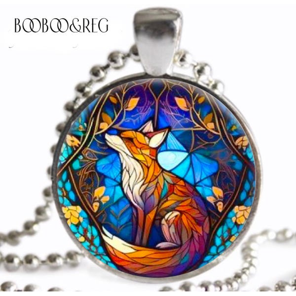 Fox Necklace: Faux Stained Glass Art Print Necklace, Silver Charm Pendant Necklace, Handcrafted Red Fox Jewelry, Animal Lover Gift