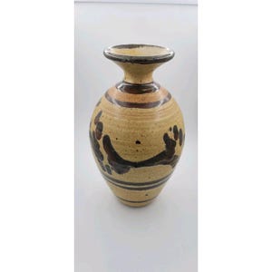 Jarrón de 28 cm (11 pulgadas) de cerámica Faulkner Studio Pottery, firmado, de la década de 1970. Estilo vintage con esmalte marrón de goteo, mediados de siglo.