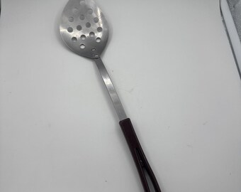 Vintage Stanhome Stainless Steel Bake Lite Brown Angled Slotted Spoon Teardrop