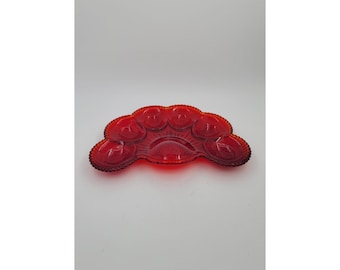 Vtg Rare LE Smith Ruby Red Amberina carnival half moon deviled egg Oyster Tray