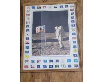 Vintage Apollo 11 Man On The Moon Landing With Wooden frame US States 17x21