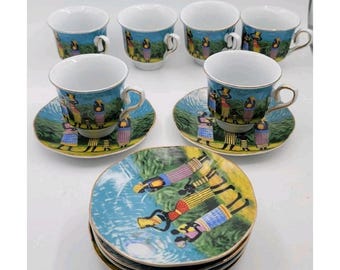 Vintage Stoneware Tea Set Tribal African Art, Place Setting For 6