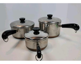 1801 6 Piece Revere ware Copper Bottom Pan Set 3qt 2qt 1qt saucepans lids