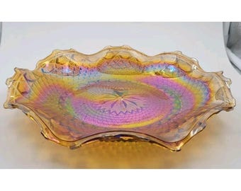 Vintage Indiana Glass Iridescent Gold Amber Carnival Glass Hostess Plate 10"