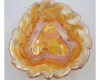 Vintage 70s Marigold Indiana Carnival Glass Iridescent Grapes & Leaves Bowl Dish