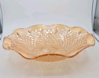 Vintage 1940s Indiana Glass Orange Carnival Glass Ruffled Diamond Point Bowl 11"