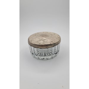 Vintage Silver Plate Glass Powder Jar Victorian Repousse Ornate Lid Trinket Box