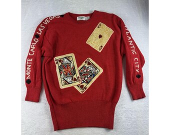 Vintage 80's novelty casino night vegas poker sweater Bonnie Boerer Red Sequins