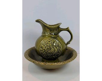 Vintage McCoy Pottery Thanksgiving TURKEY Wash Basin & Pitcher Olive Green