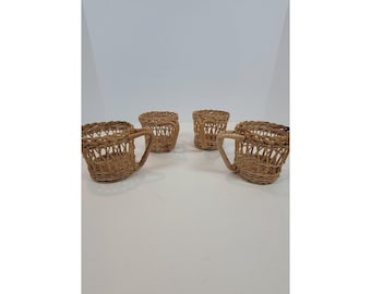 Set Of 4 Vintage Wicker Rattan Cup Glass Holder Round Boho Summer 3.5" Tall