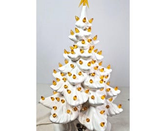 Albero di Natale vintage in ceramica del 1979 da 19 pollici, con carillon e base illuminata arancione e bianca