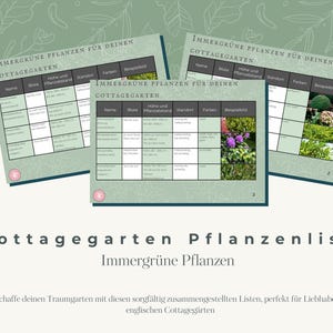 Cottage garden plant list "Evergreens" - table with photo & information on each plant - planting plan help for garden design - digital download PDF