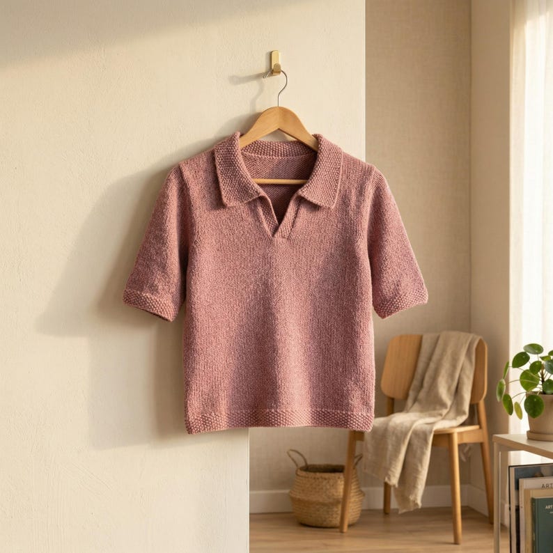 Stickmönster för vårbris-polo i PDF-format, enkelt stickat tröjemönster, nybörjarvänlig stickad polotröja, modern minimalistisk t-shirt, direktnedladdning bild 9