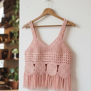 May include: A light pink crochet top with a V-neck and fringe detail. The top is hanging on a wooden hanger. The bottom of the top features four circular crochet designs.