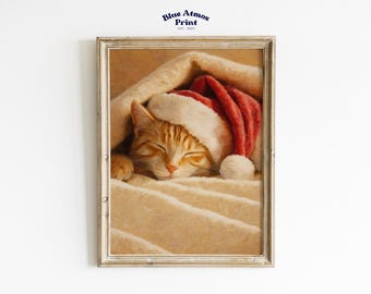 Christmas Cat Art Print | Tabby in Santa Hat (Digital Download)